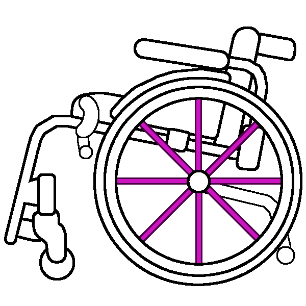 A black and white rigid wheelchair in profile with bright pink spokes.